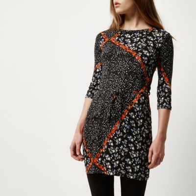 Black ditsy print belted tunic